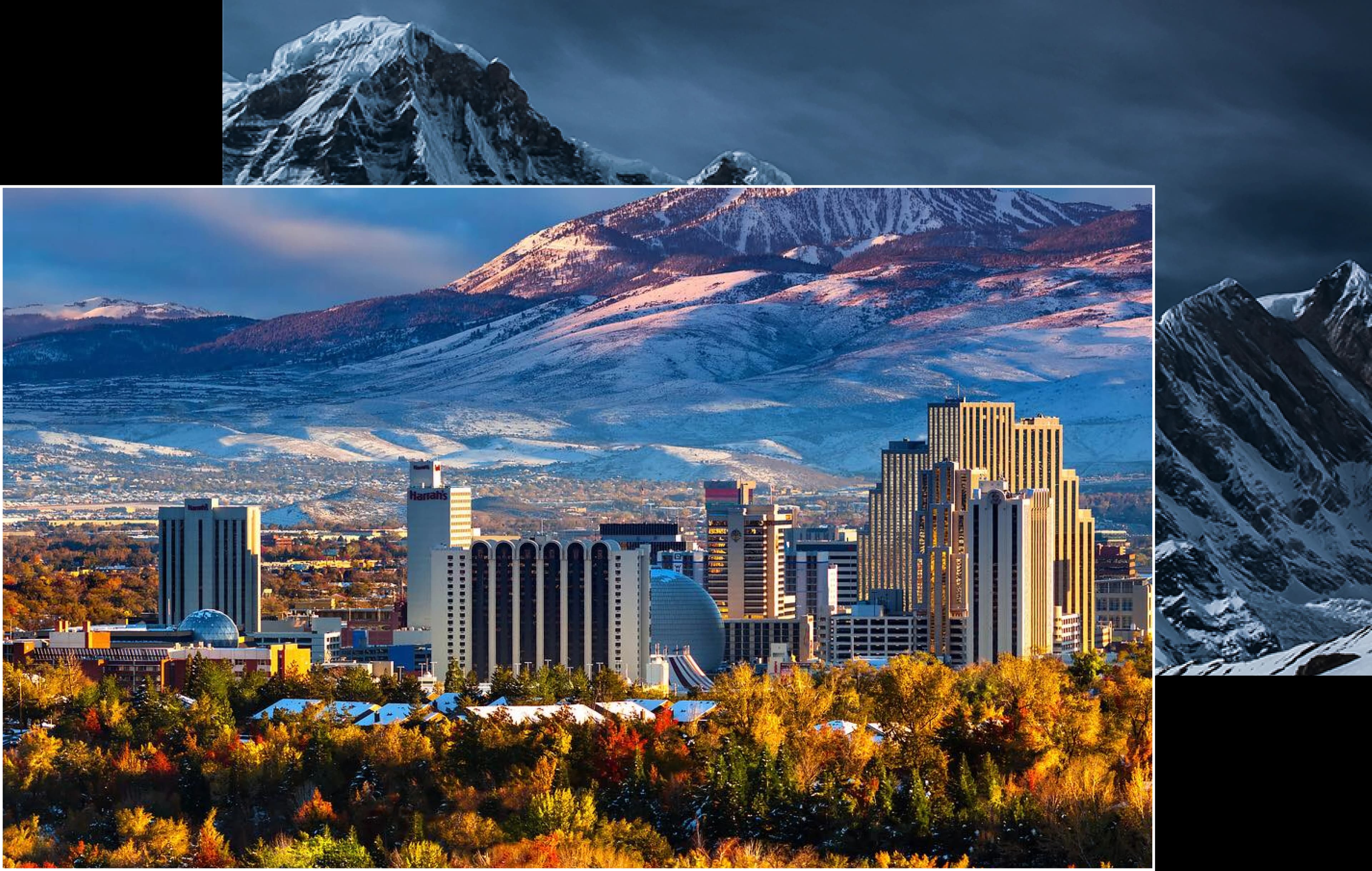 Two photos overlaid: the first shows downtown Reno with snow-covered mountains in the background, partially obscuring the second photo which features snow-covered mountain tops.