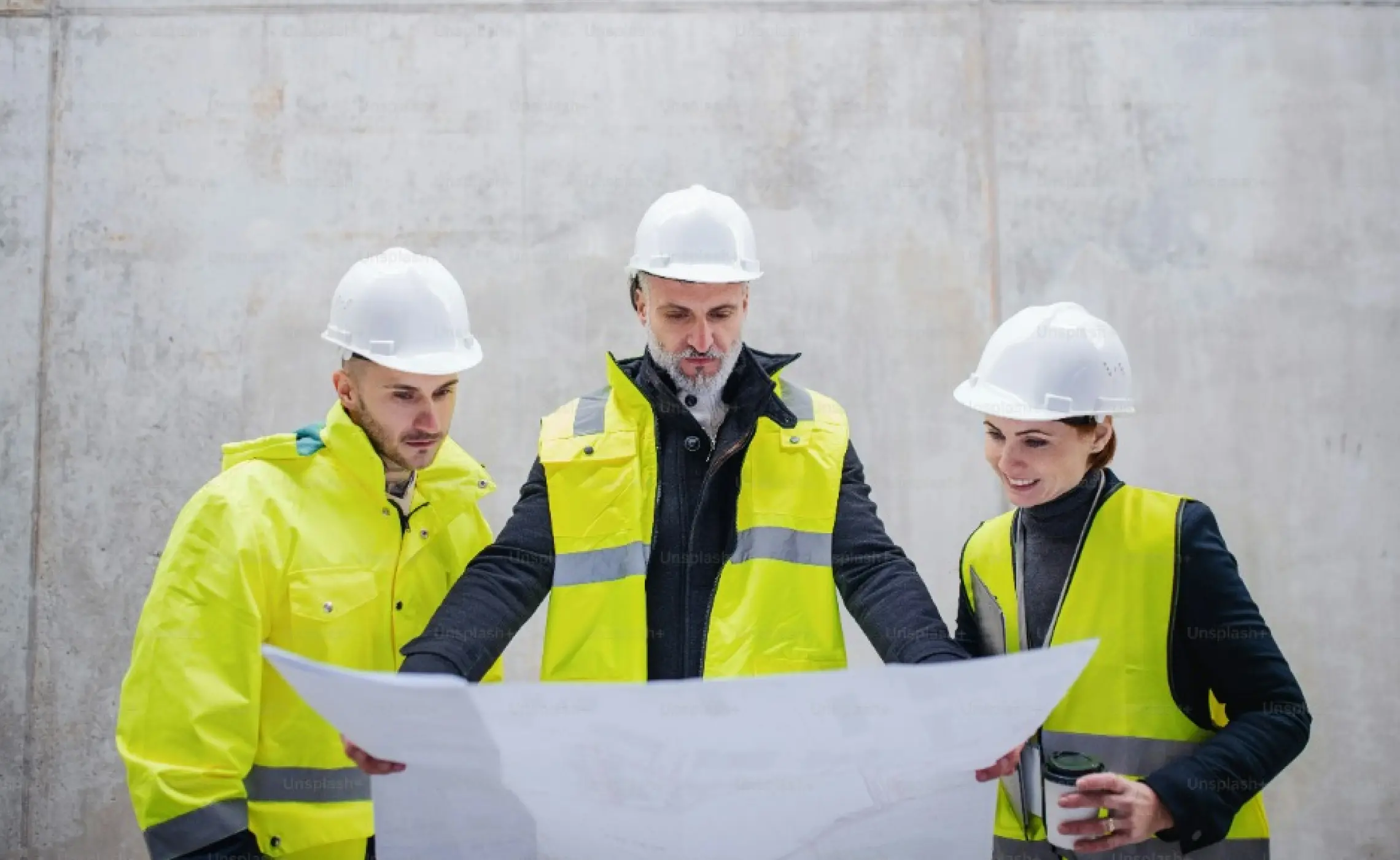 3 contractors looking at a blueprint